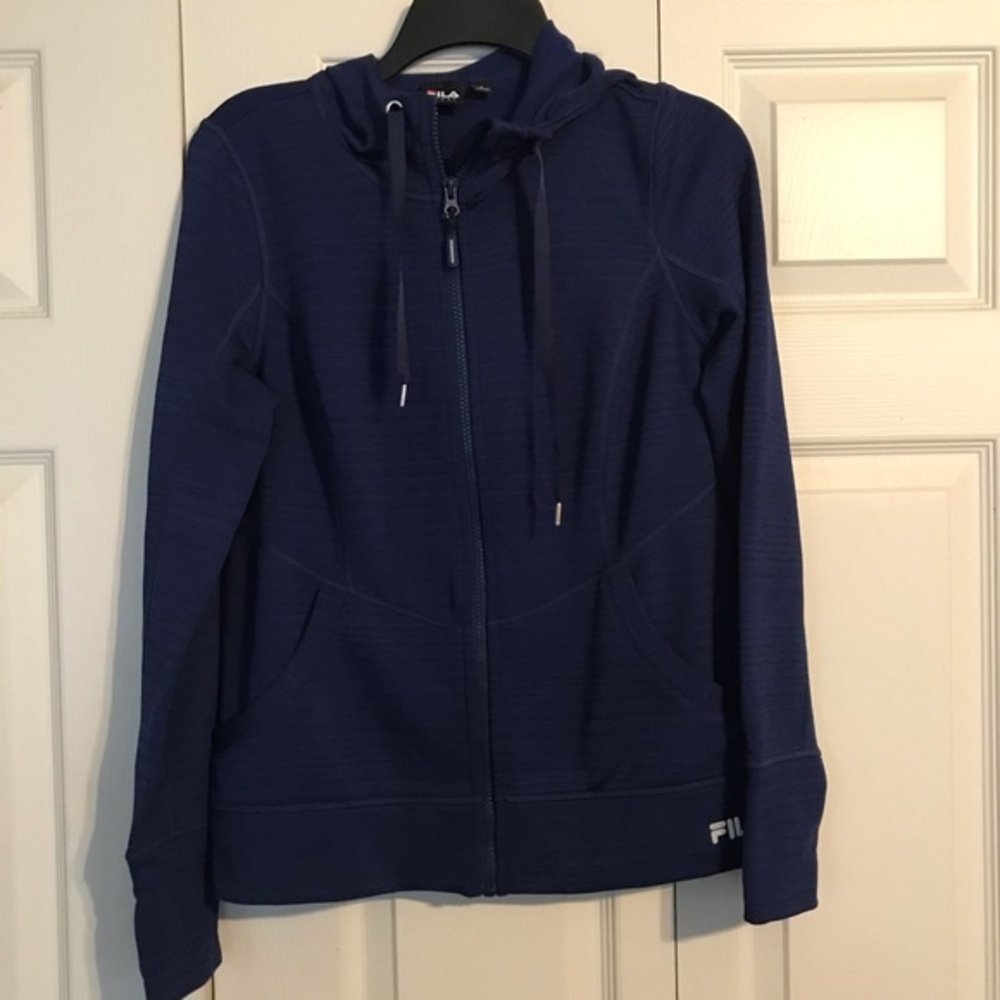 FILA SPORT Small Blue Zip Up Hooded Sweatshirt Pockets Thumb Holes Soft Cozy
